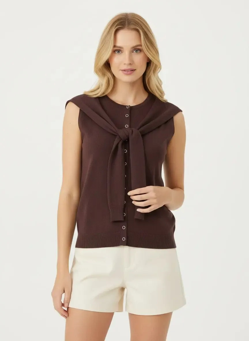 12476 Şal Detaylı Bisiklet Yaka Viscon İplik Triko Yelek