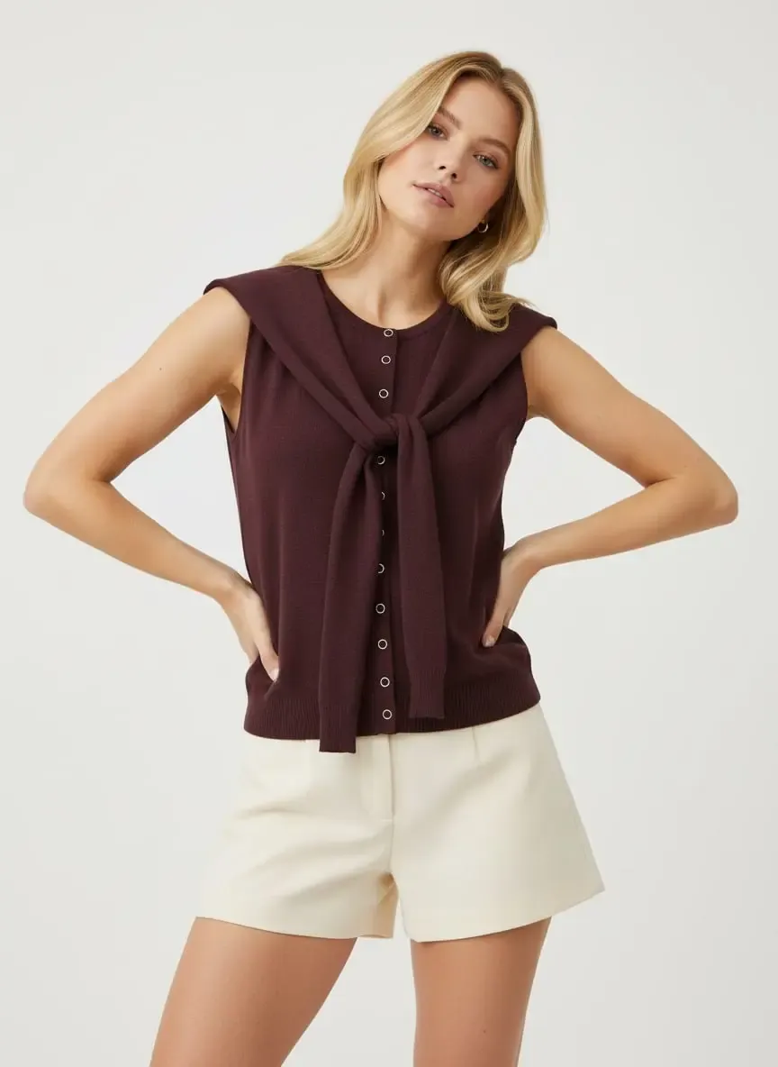 12476 Şal Detaylı Bisiklet Yaka Viscon İplik Triko Yelek