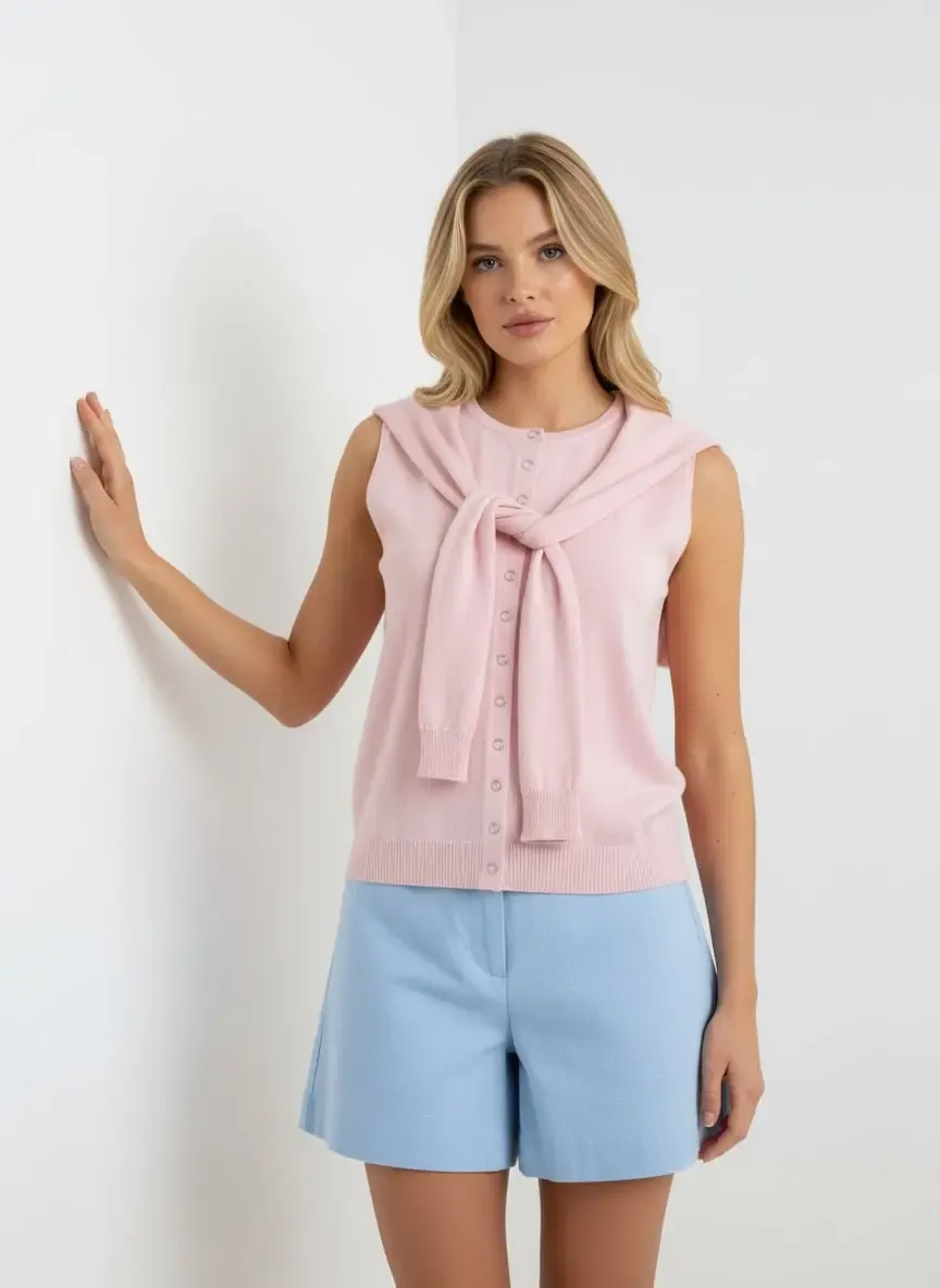 12476 Şal Detaylı Bisiklet Yaka Viscon İplik Triko Yelek