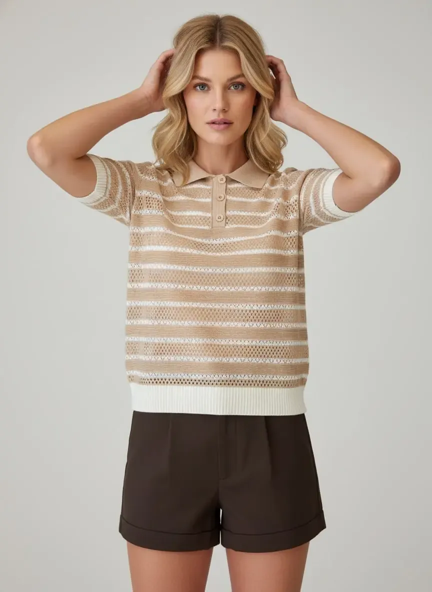 12477 Kadın Polo Yaka Çizgili Ajurlu Triko Bluz