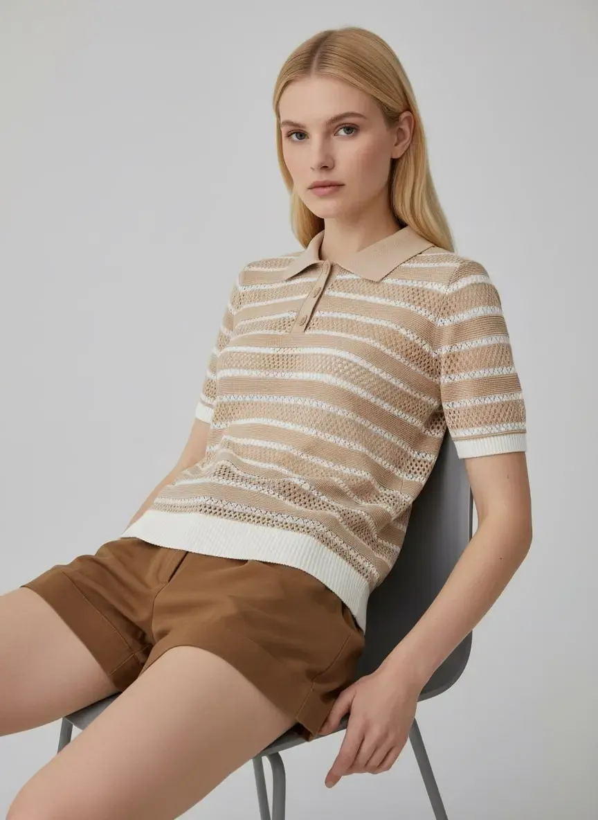 12477 Kadın Polo Yaka Çizgili Ajurlu Triko Bluz
