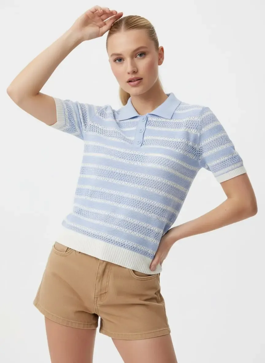 12477 Kadın Polo Yaka Çizgili Ajurlu Triko Bluz
