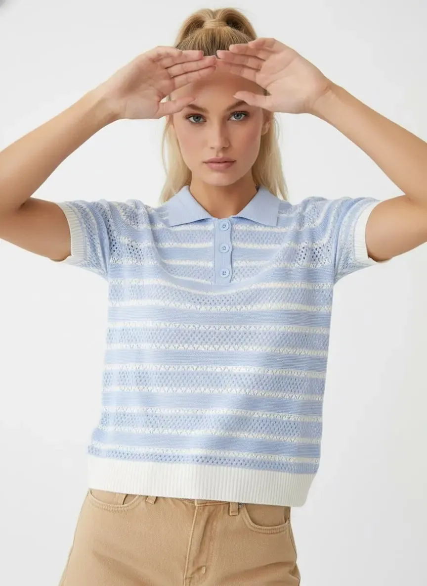 12477 Kadın Polo Yaka Çizgili Ajurlu Triko Bluz