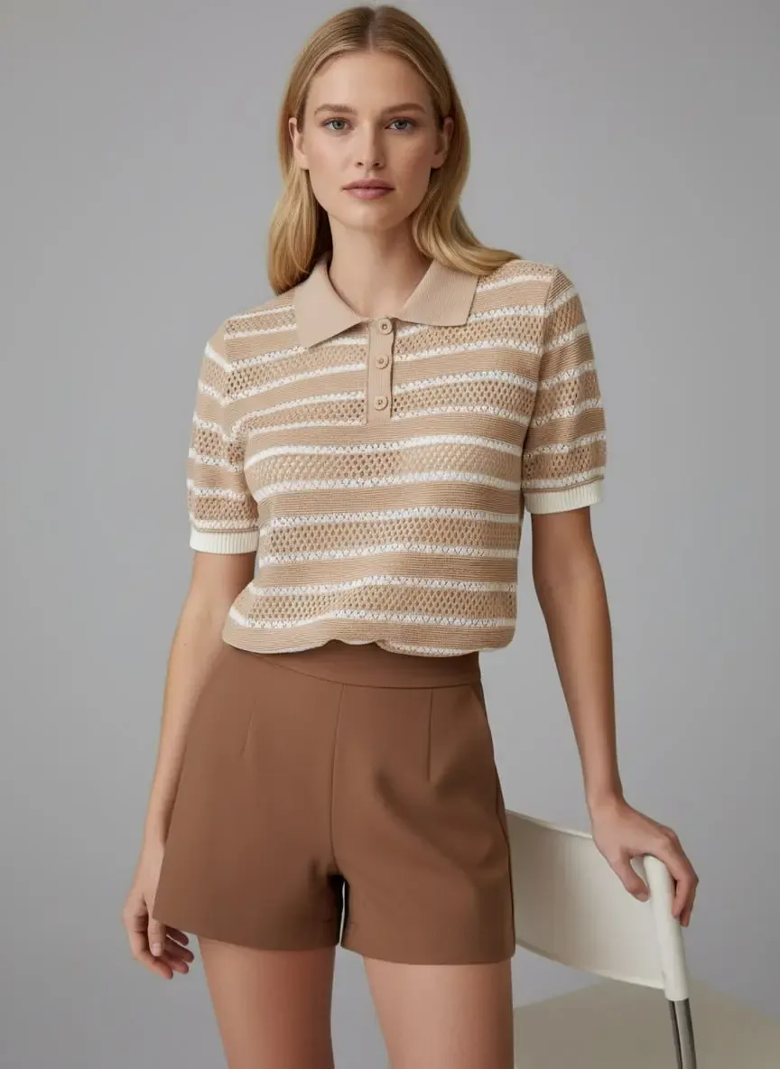 12477 Kadın Polo Yaka Çizgili Ajurlu Triko Bluz