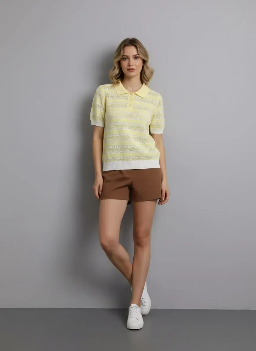 12477 Kadın Polo Yaka Çizgili Ajurlu Triko Bluz