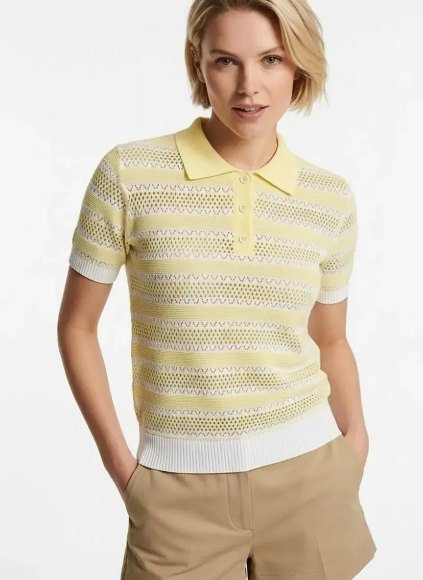 12477 Kadın Polo Yaka Çizgili Ajurlu Triko Bluz