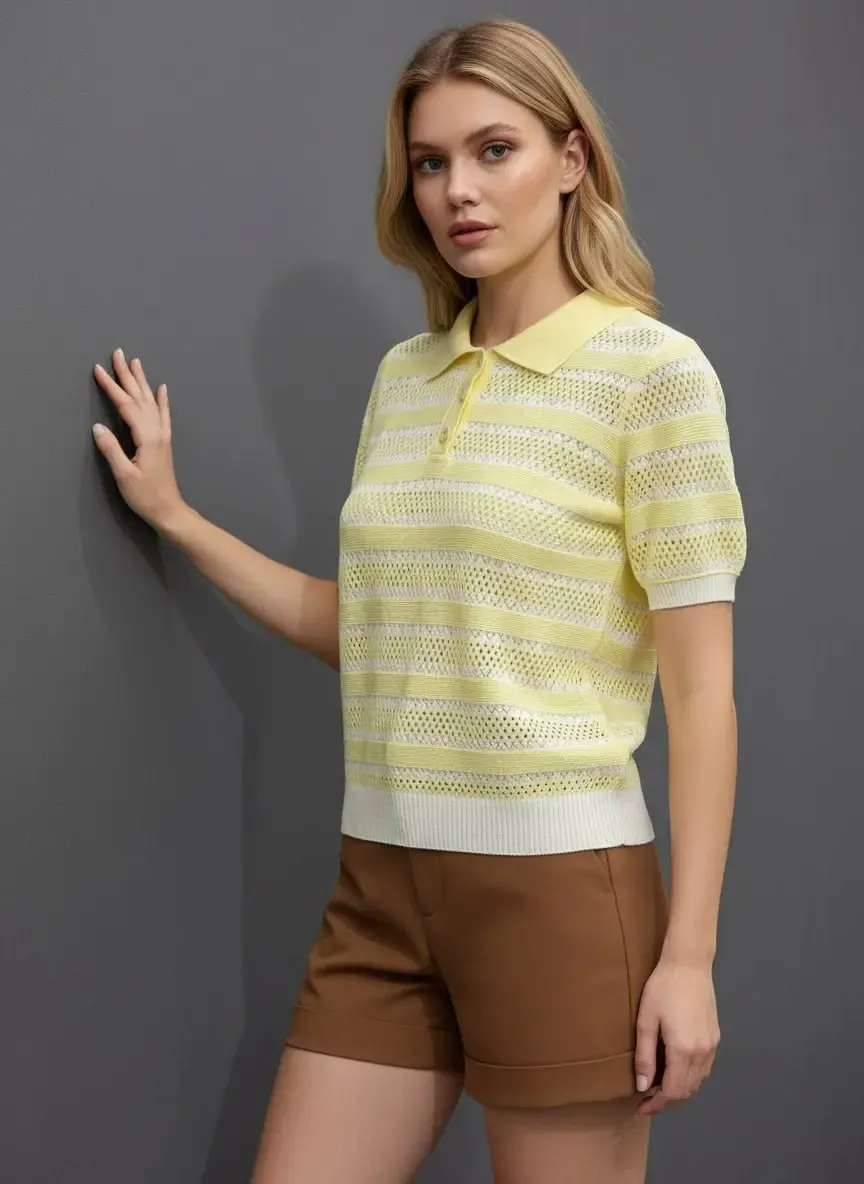 12477 Kadın Polo Yaka Çizgili Ajurlu Triko Bluz