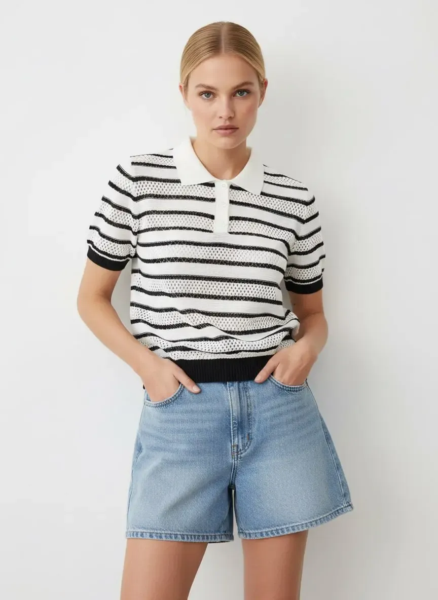 12477 Kadın Polo Yaka Çizgili Ajurlu Triko Bluz