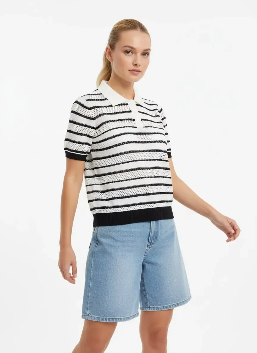 12477 Kadın Polo Yaka Çizgili Ajurlu Triko Bluz