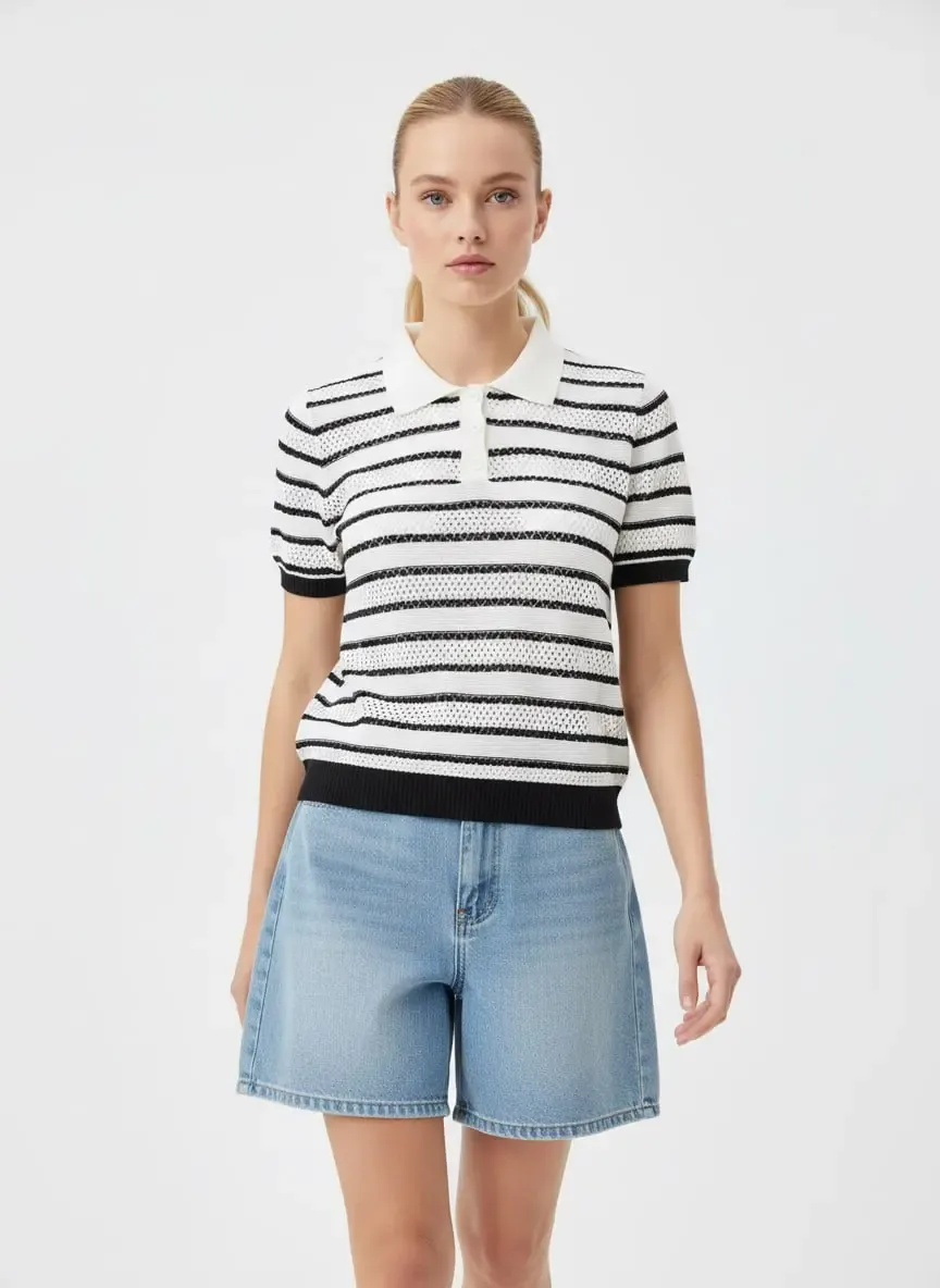 12477 Kadın Polo Yaka Çizgili Ajurlu Triko Bluz