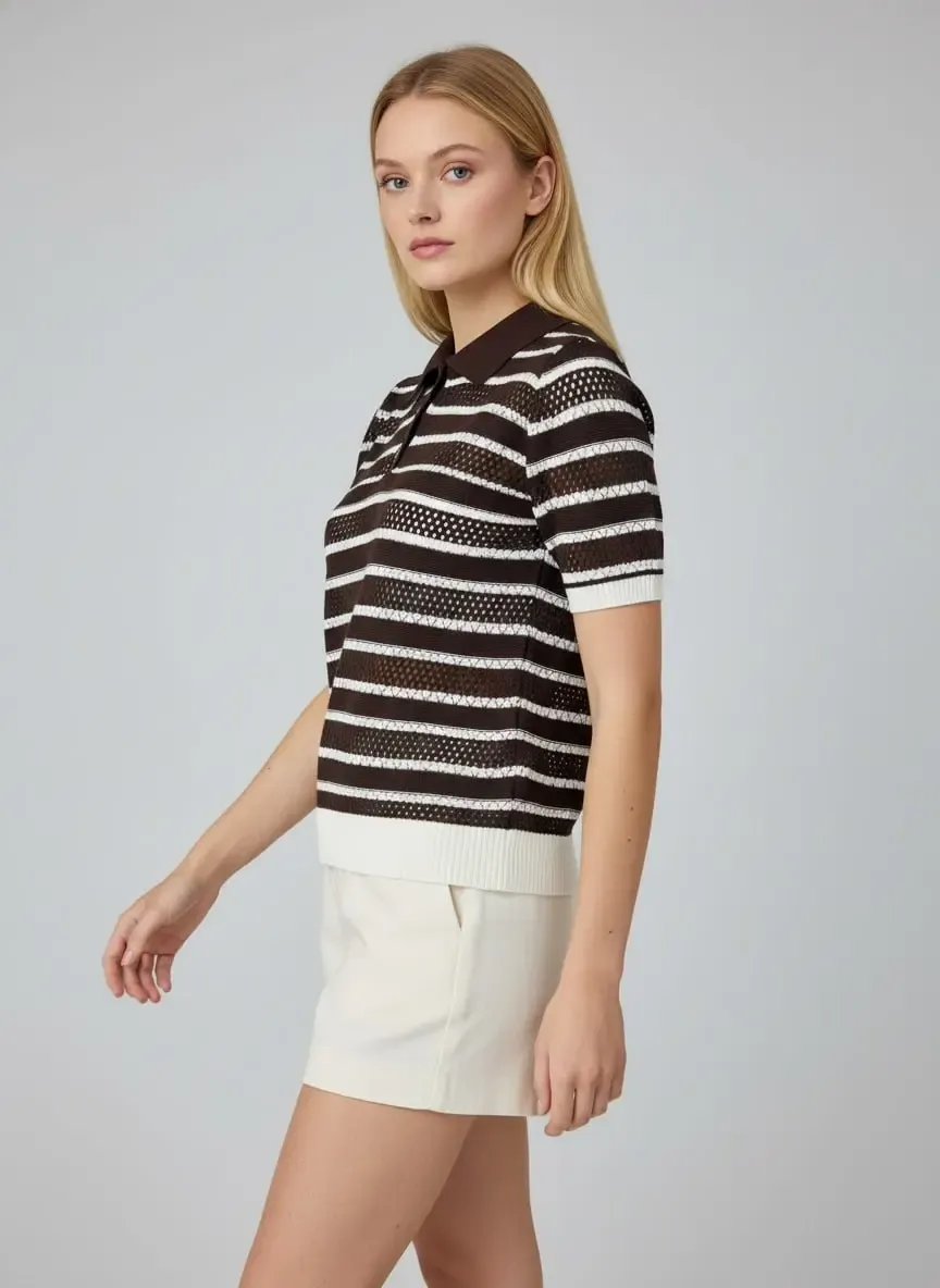12477 Kadın Polo Yaka Çizgili Ajurlu Triko Bluz