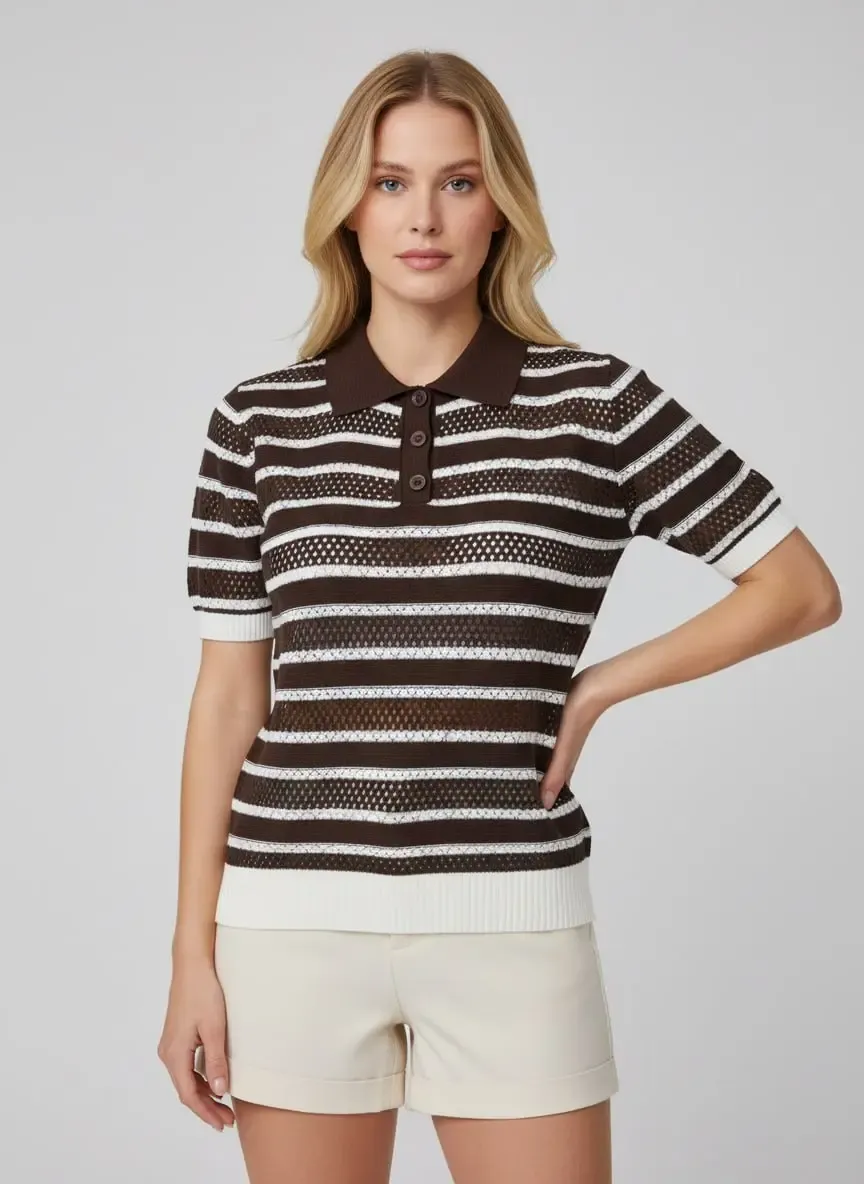 12477 Kadın Polo Yaka Çizgili Ajurlu Triko Bluz