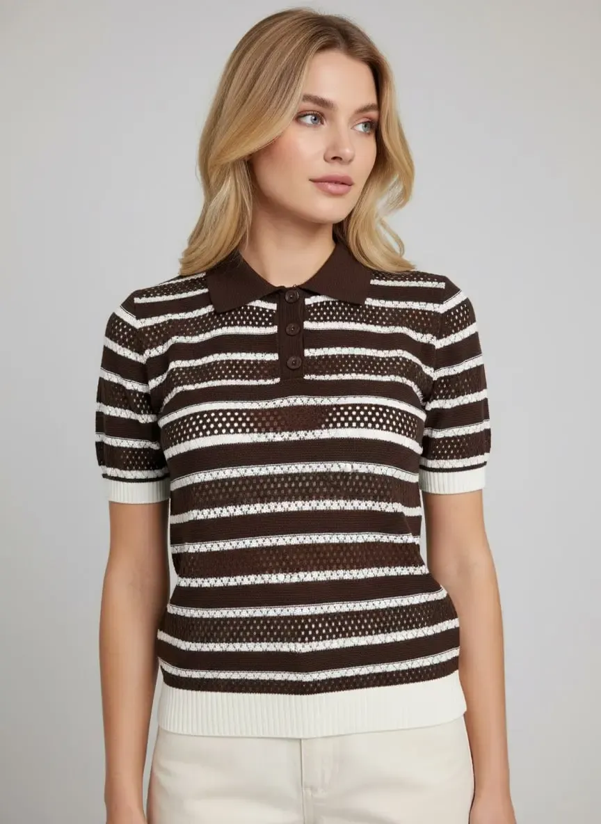 12477 Kadın Polo Yaka Çizgili Ajurlu Triko Bluz