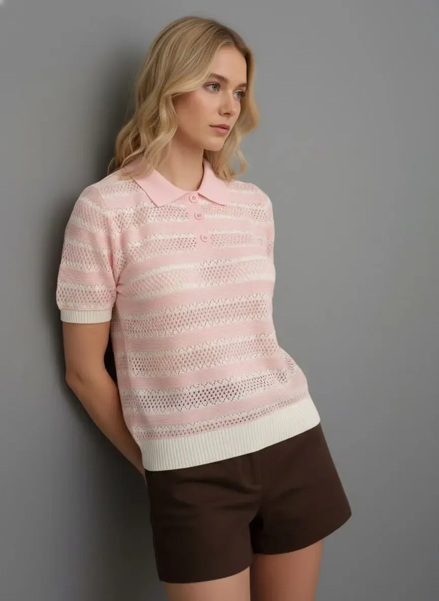 12477 Kadın Polo Yaka Çizgili Ajurlu Triko Bluz