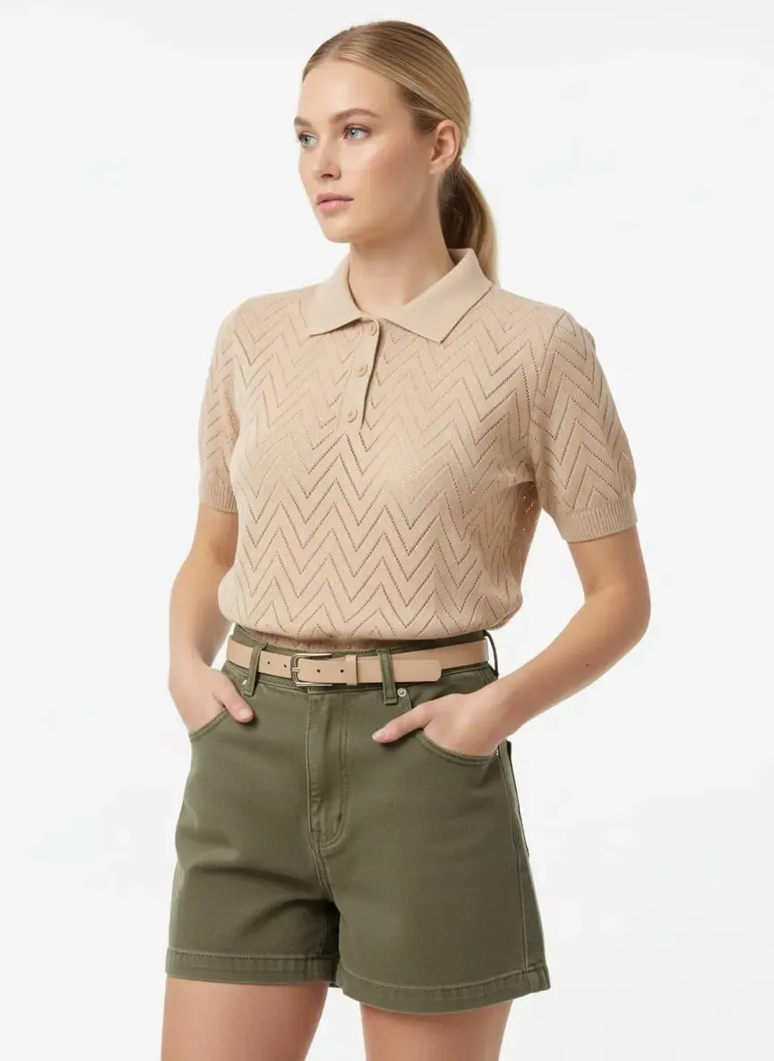 12479 Kadın Polo Yaka Yarım Pat Düğme Ajurlu Triko Bluz