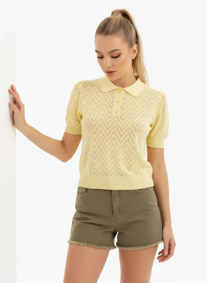 12479 Kadın Polo Yaka Yarım Pat Düğme Ajurlu Triko Bluz