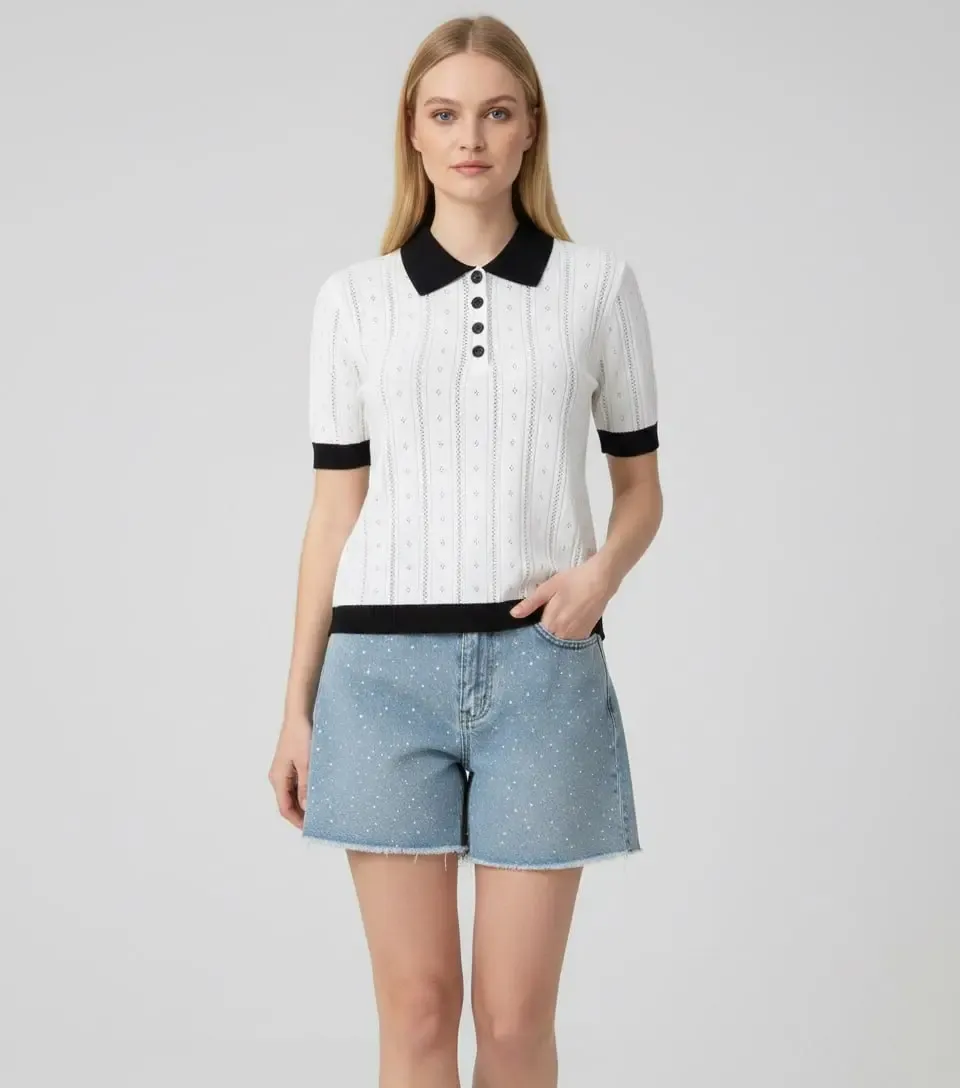 12487 Kadın Polo Yaka Yarım Pat Düğme Ajurlu Triko Bluz 