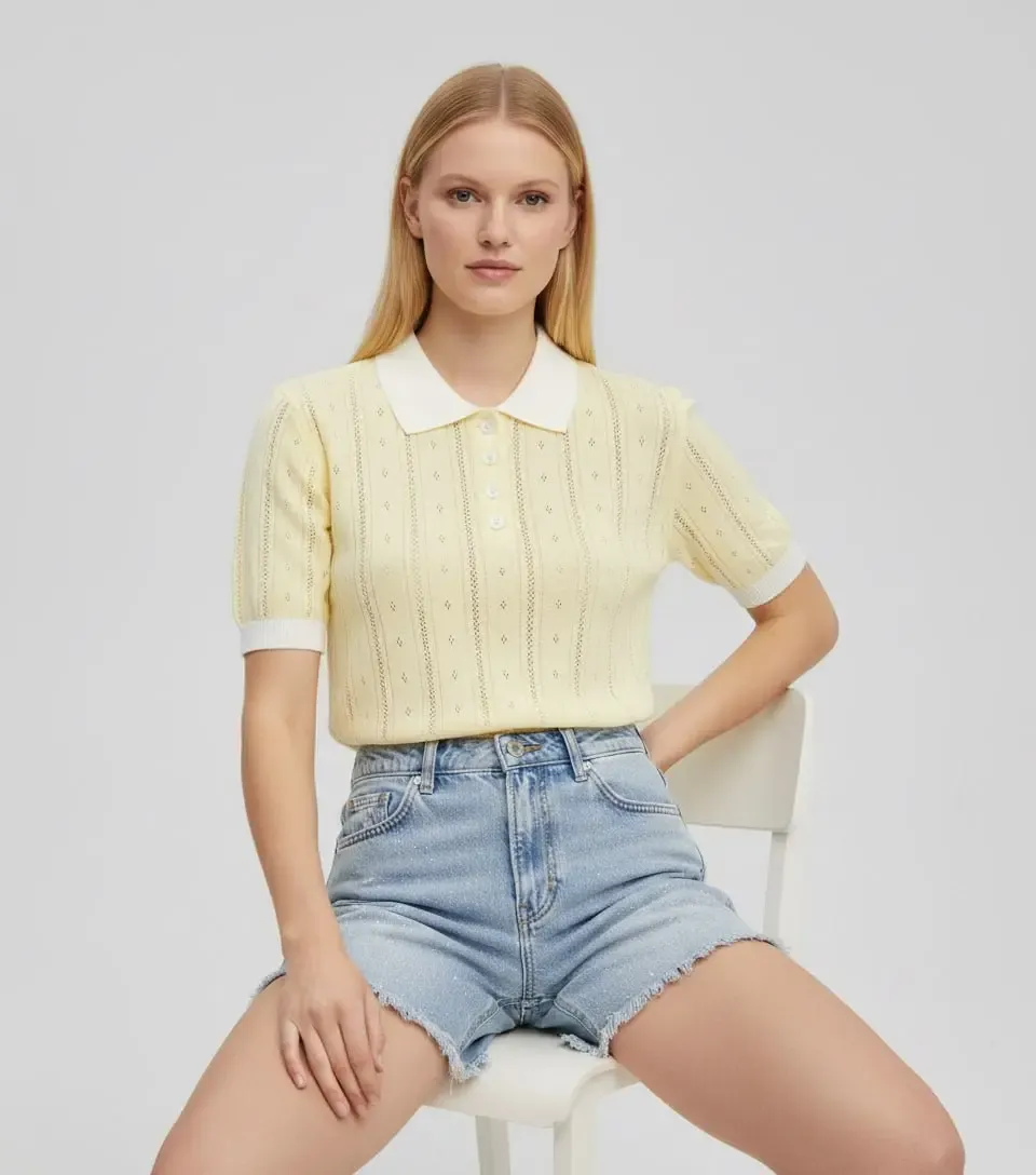 12487 Kadın Polo Yaka Yarım Pat Düğme Ajurlu Triko Bluz 