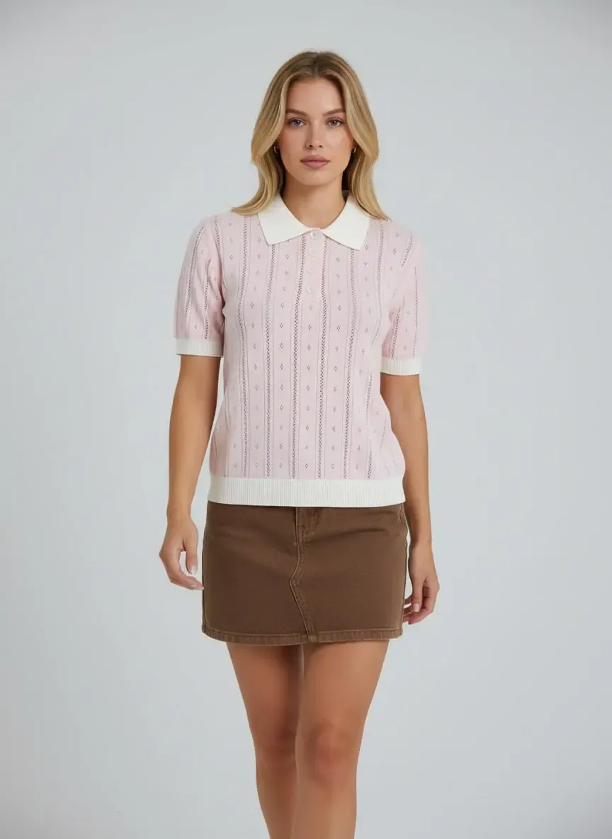 12487 Kadın Polo Yaka Yarım Pat Düğme Ajurlu Triko Bluz 