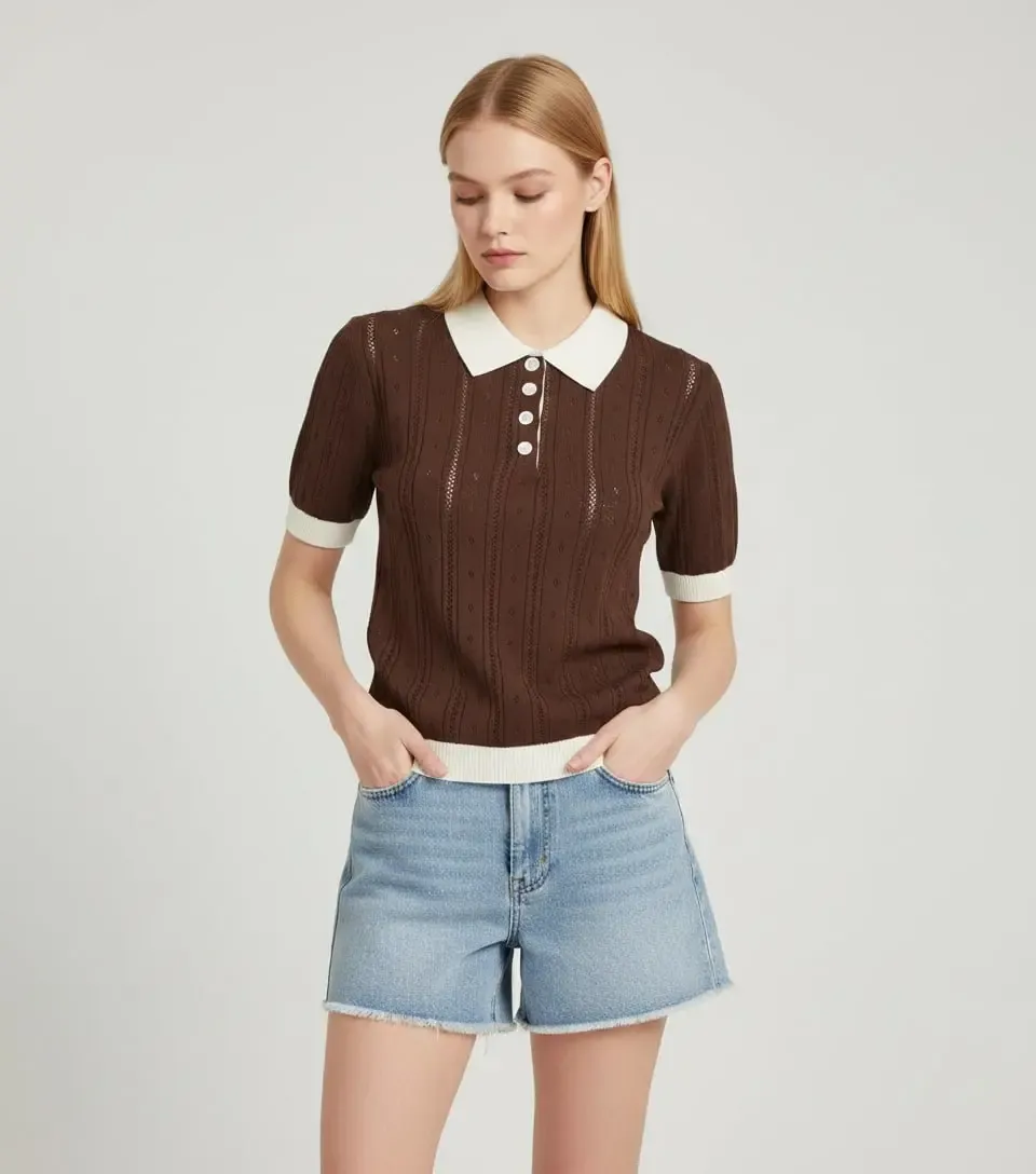 12487 Kadın Polo Yaka Yarım Pat Düğme Ajurlu Triko Bluz 