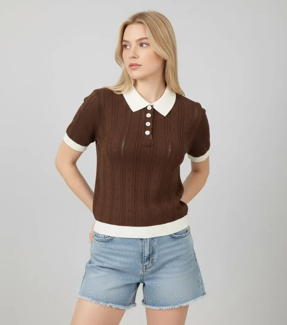 12487 Kadın Polo Yaka Yarım Pat Düğme Ajurlu Triko Bluz 