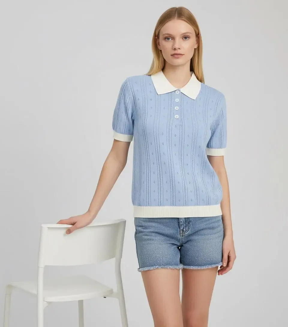 12487 Kadın Polo Yaka Yarım Pat Düğme Ajurlu Triko Bluz 