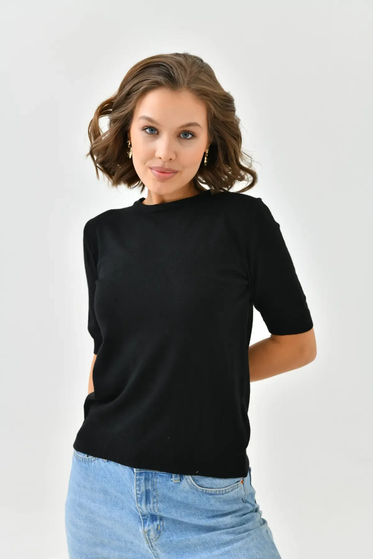 224095 Kadın Bisiklet Yaka Yumuşak Dokulu Viscon Triko Bluz