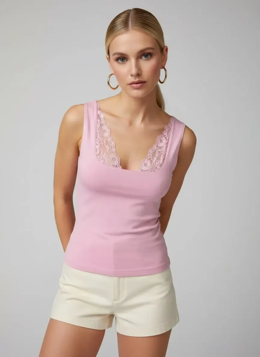 26004 Kadın Dantel Detaylı Kare Yaka Modal Örme Bluz