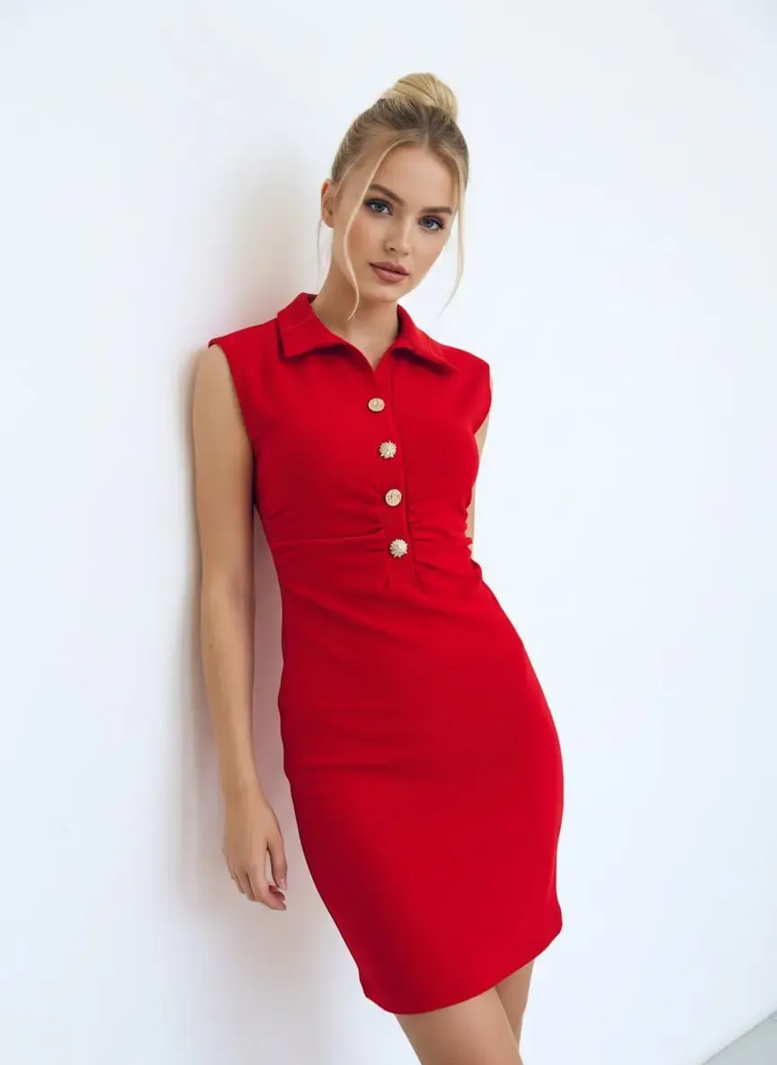 26008 Kadın Polo Yaka Mini Boy Yarım Pat Düğmeli  Oysho Kumaş Örme Elbise