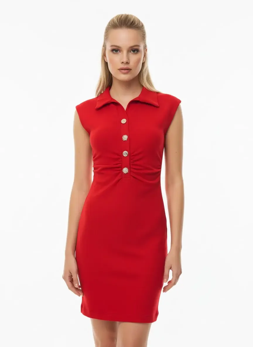 26008 Kadın Polo Yaka Mini Boy Yarım Pat Düğmeli  Oysho Kumaş Örme Elbise