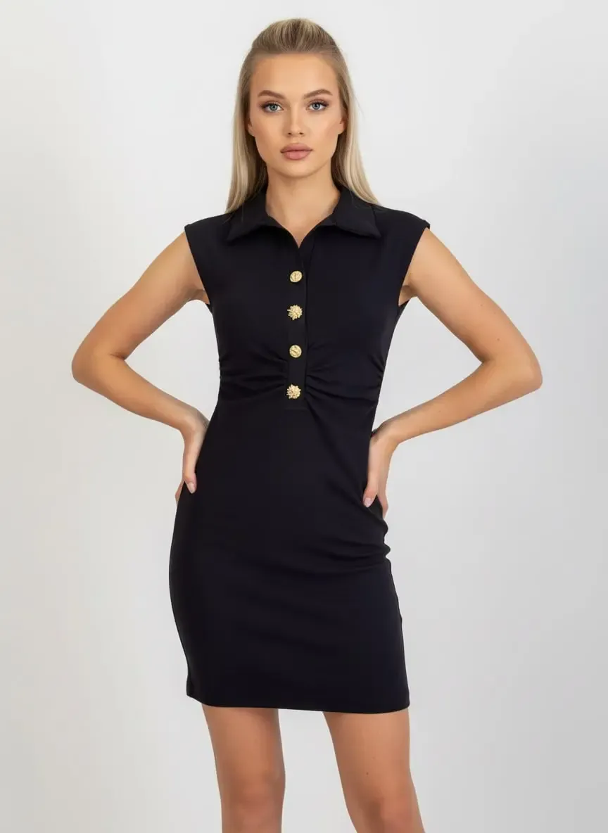 26008 Kadın Polo Yaka Mini Boy Yarım Pat Düğmeli  Oysho Kumaş Örme Elbise