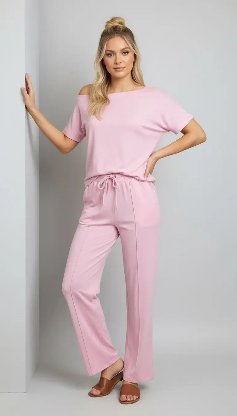 26022 Kadın Kayık Yaka Bluz Bağcıklı Pantolon Penye Alt Üst Takım