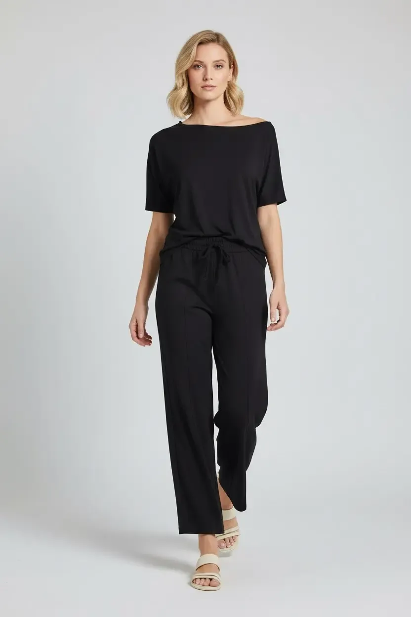 26022 Kadın Kayık Yaka Bluz Bağcıklı Pantolon Penye Alt Üst Takım