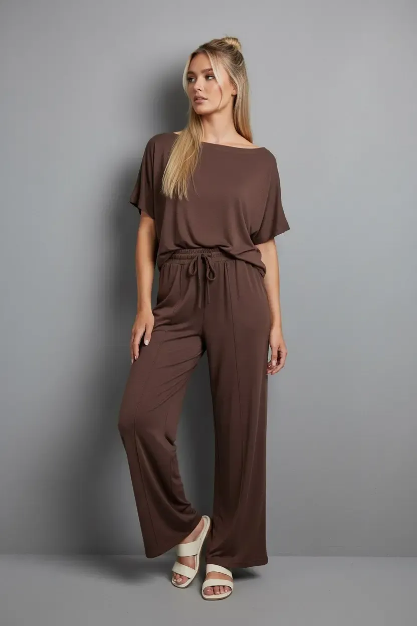 26022 Kadın Kayık Yaka Bluz Bağcıklı Pantolon Penye Alt Üst Takım