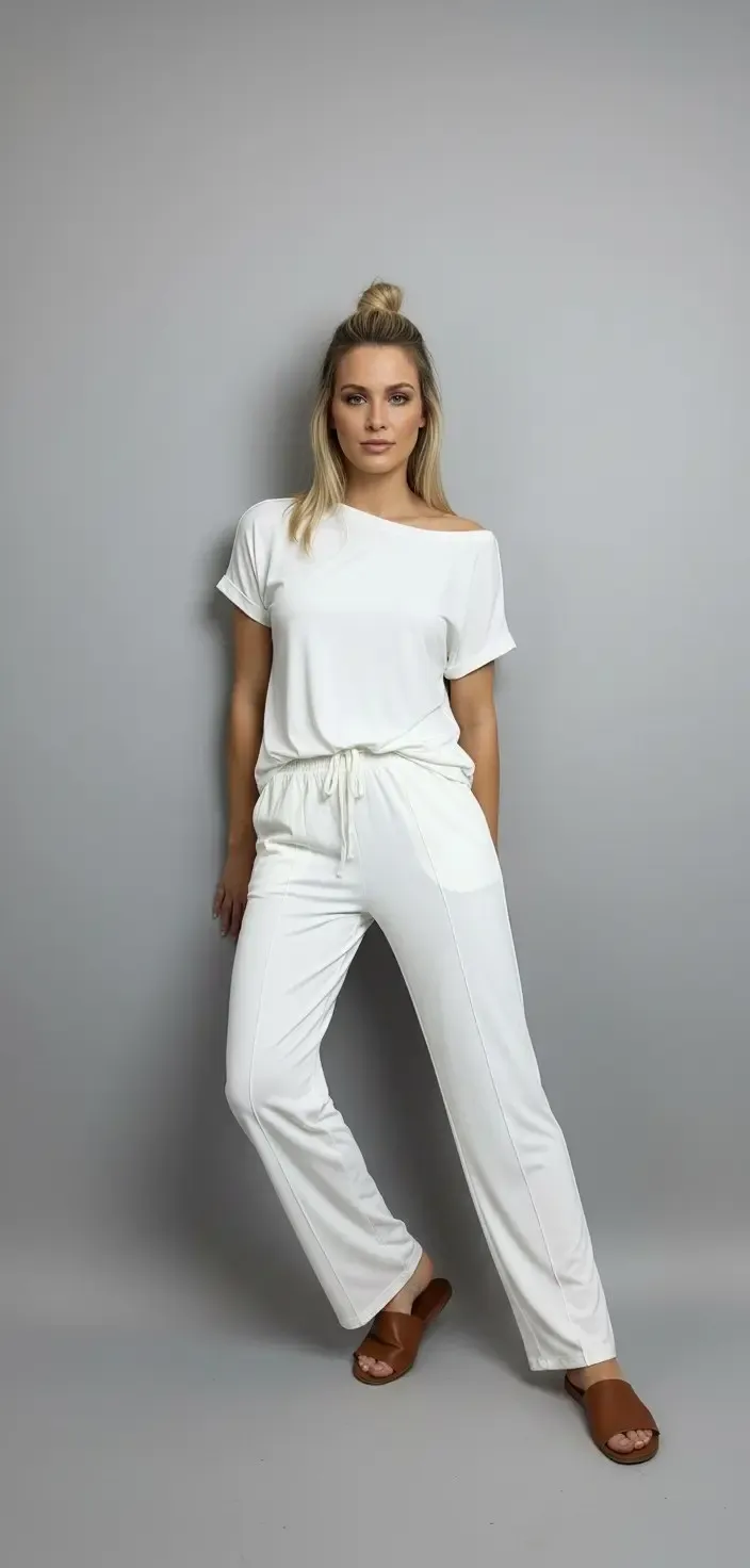 26022 Kadın Kayık Yaka Bluz Bağcıklı Pantolon Penye Alt Üst Takım