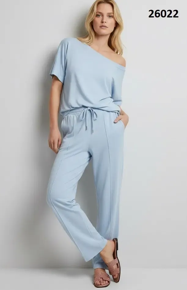 26022 Kadın Kayık Yaka Bluz Bağcıklı Pantolon Penye Alt Üst Takım