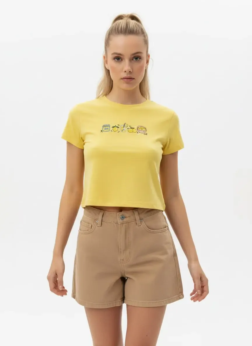 26025 %100 Pamuk Desenli Crop Boy Bisiklet Yaka Örme Bluz