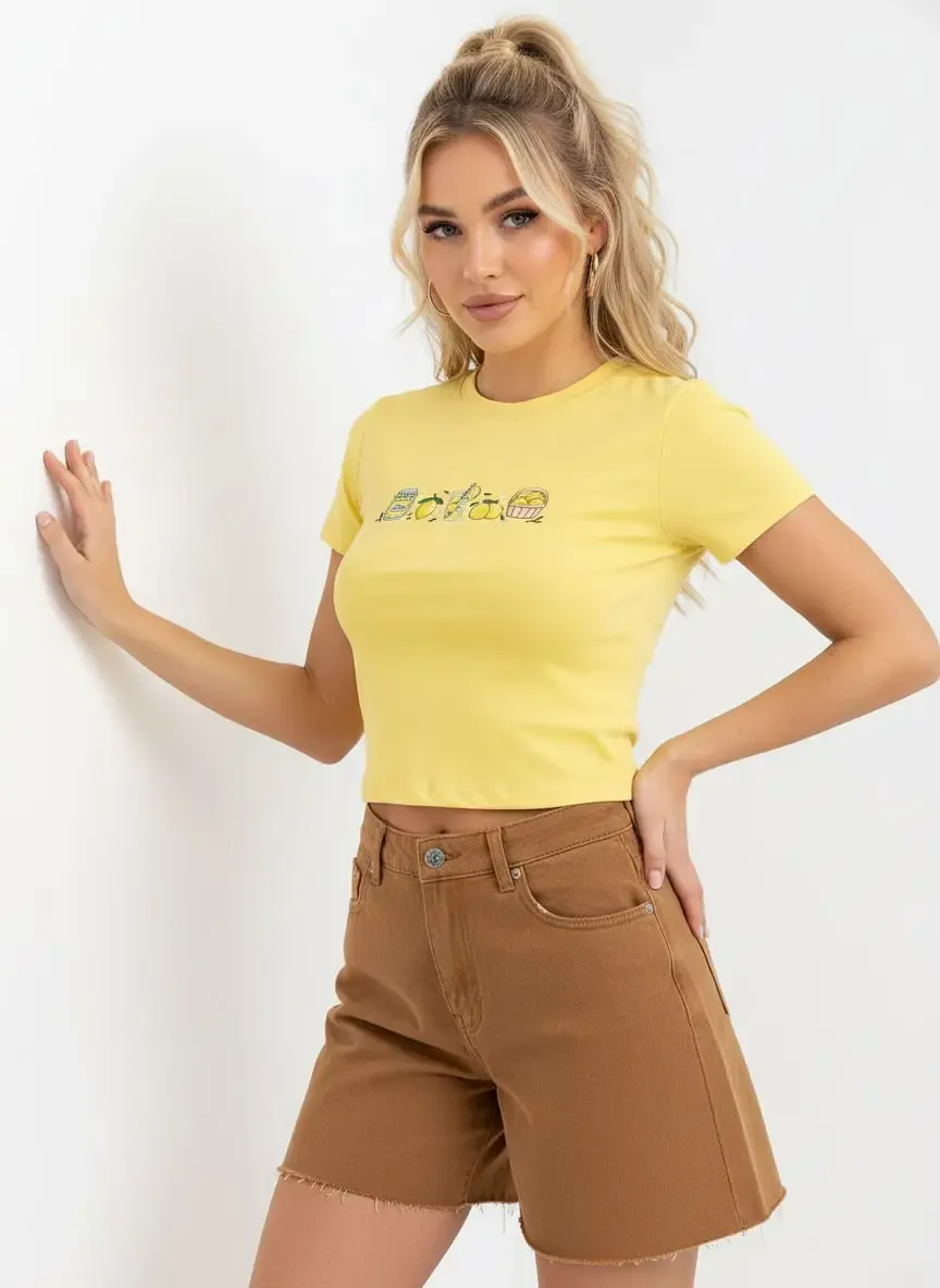 26025 %100 Pamuk Desenli Crop Boy Bisiklet Yaka Örme Bluz