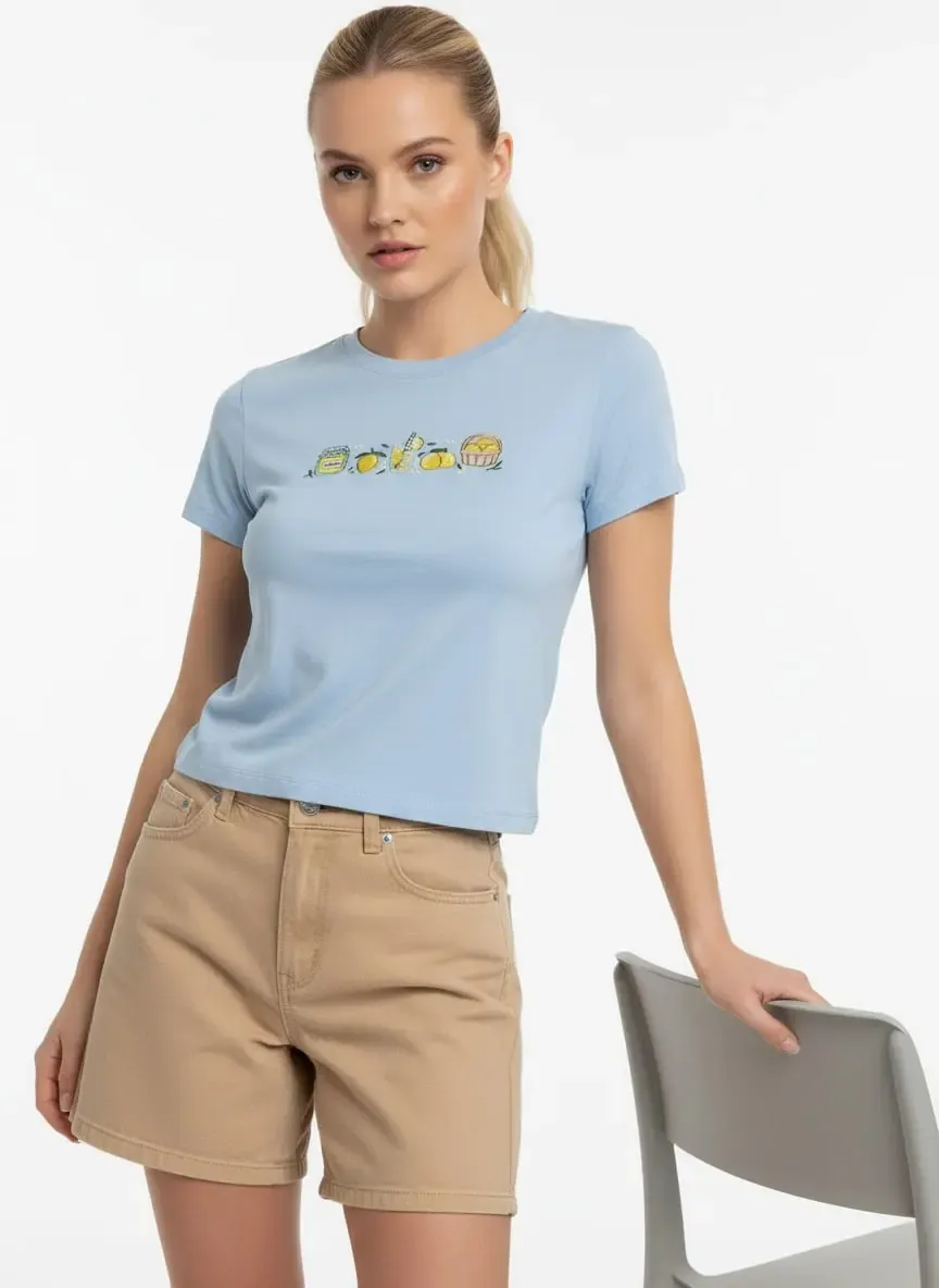 26025 %100 Pamuk Desenli Crop Boy Bisiklet Yaka Örme Bluz