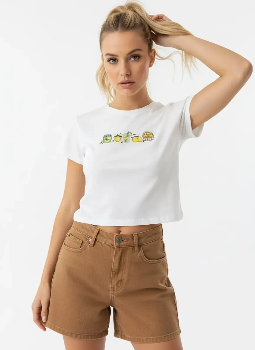 26025 %100 Pamuk Desenli Crop Boy Bisiklet Yaka Örme Bluz