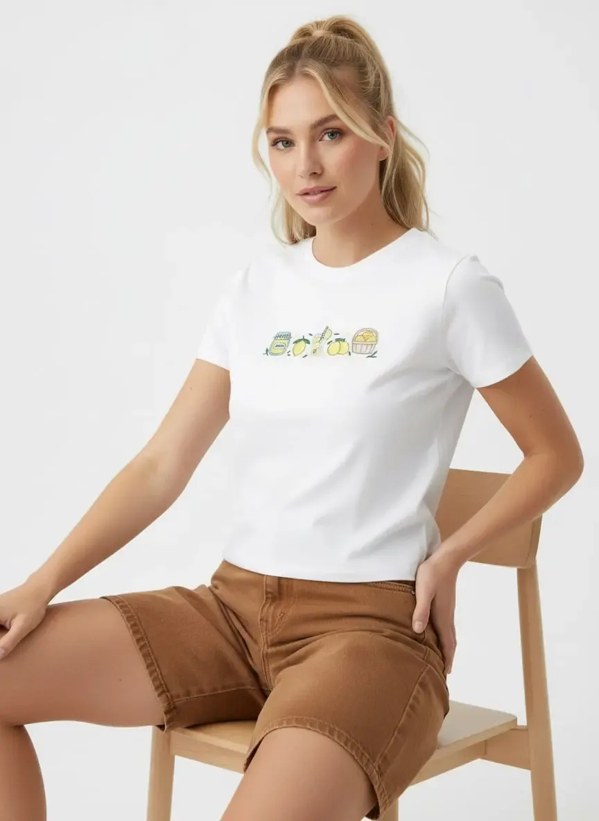 26025 %100 Pamuk Desenli Crop Boy Bisiklet Yaka Örme Bluz