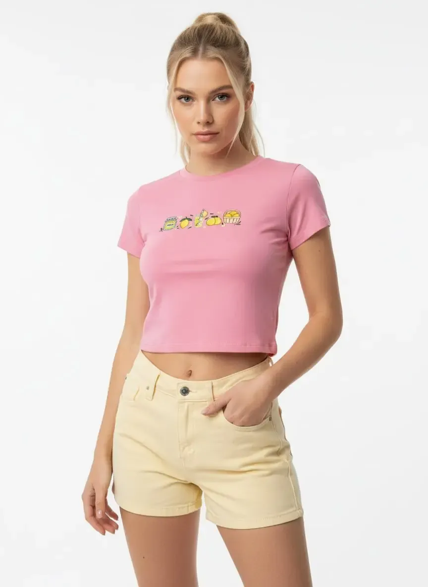 26025 %100 Pamuk Desenli Crop Boy Bisiklet Yaka Örme Bluz