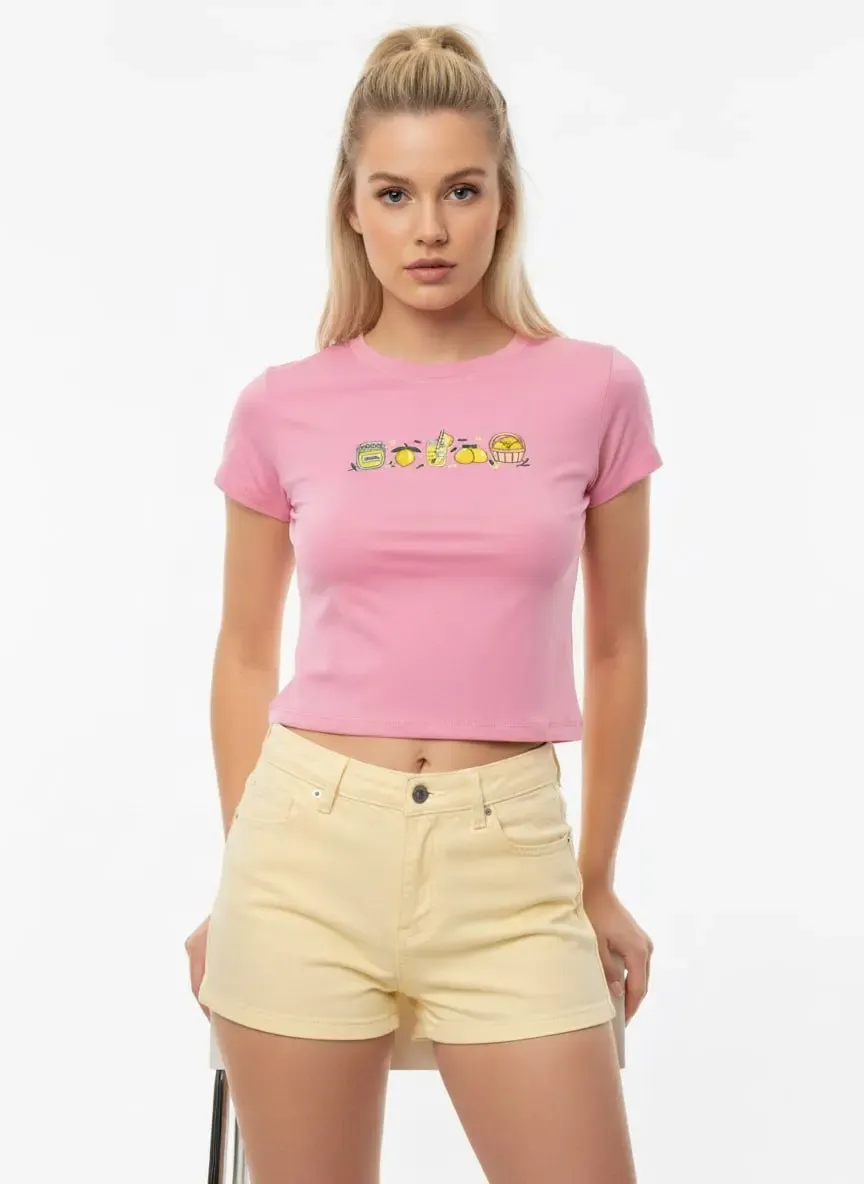 26025 %100 Pamuk Desenli Crop Boy Bisiklet Yaka Örme Bluz