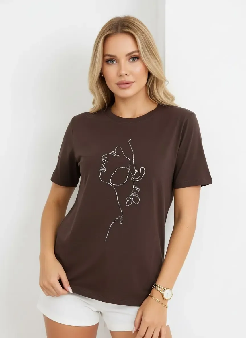 26026 %100 Pamuk Bisiklet Yaka İşleme Detay Penye Bluz