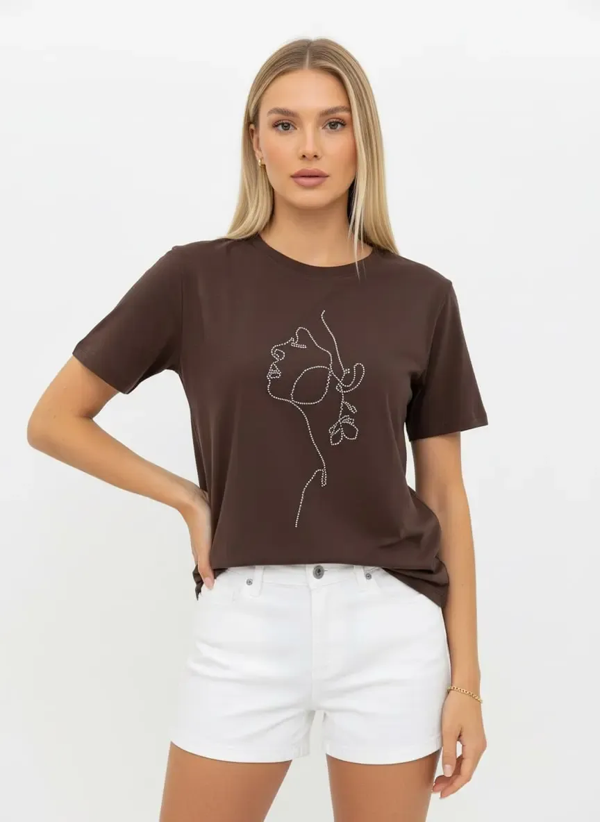 26026 %100 Pamuk Bisiklet Yaka İşleme Detay Penye Bluz