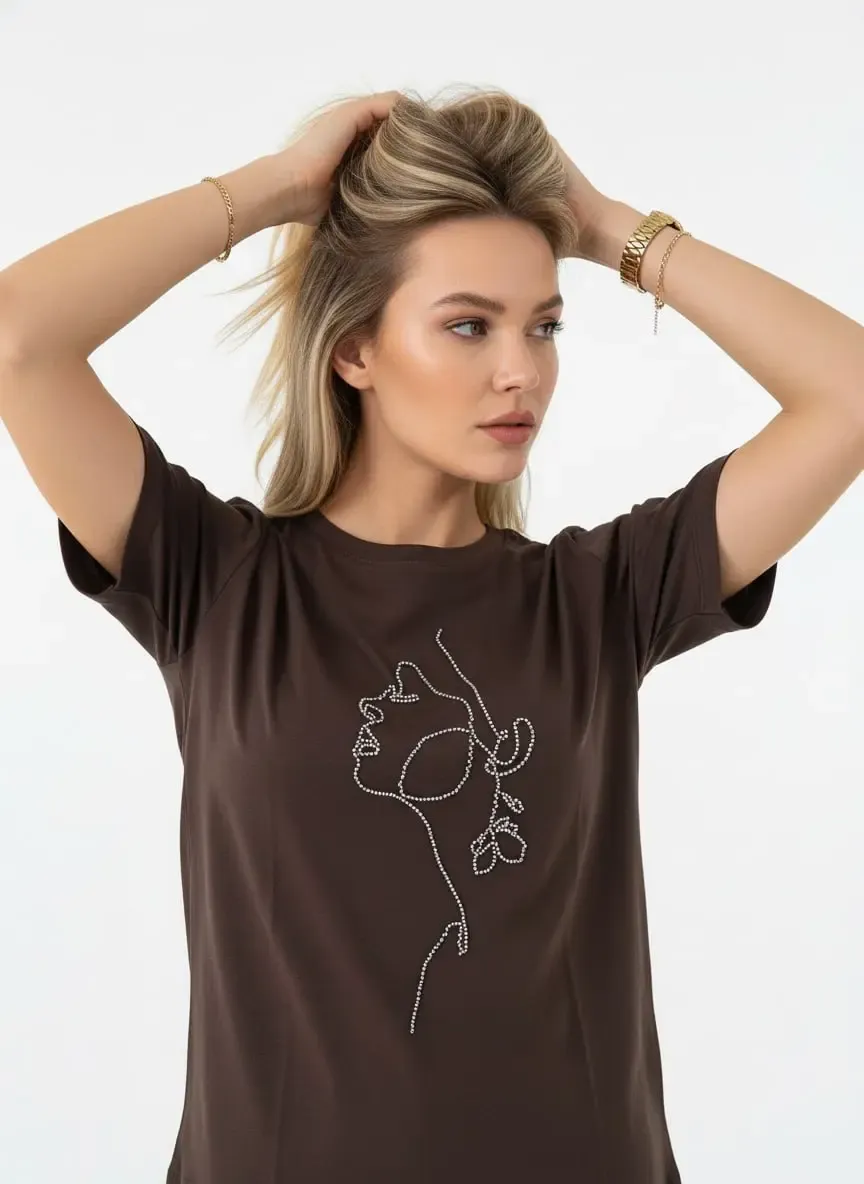 26026 %100 Pamuk Bisiklet Yaka İşleme Detay Penye Bluz