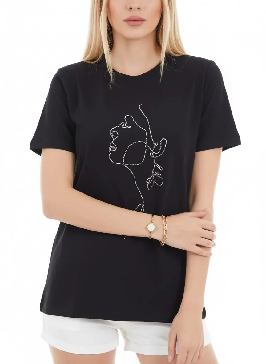 26026 %100 Pamuk Bisiklet Yaka İşleme Detay Penye Bluz