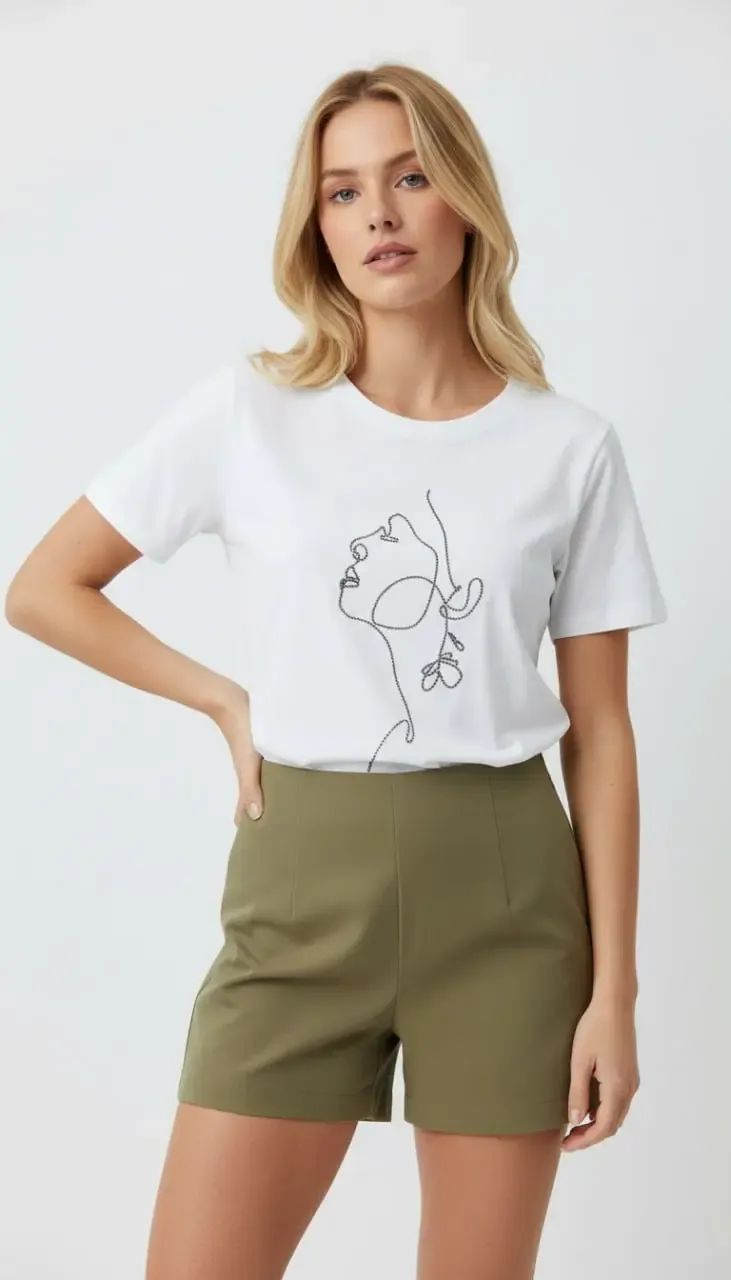 26026 %100 Pamuk Bisiklet Yaka İşleme Detay Penye Bluz