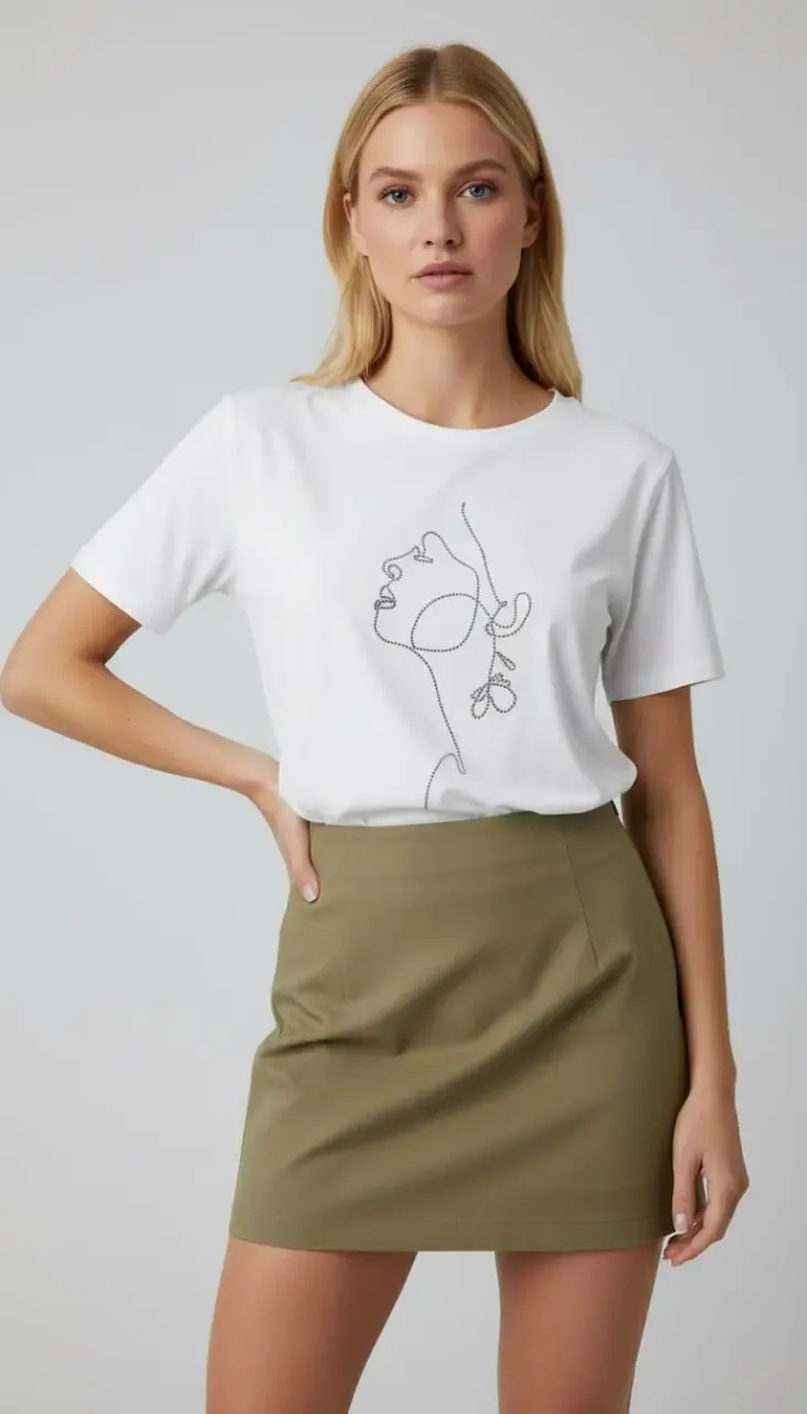 26026 %100 Pamuk Bisiklet Yaka İşleme Detay Penye Bluz