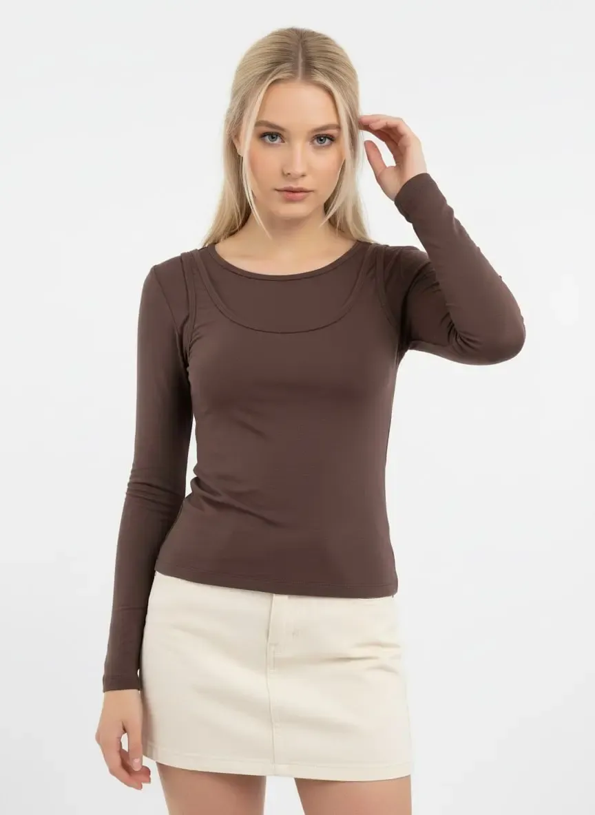 26031 Kadın Geniş Yaka Slim Fit Tasrım Modal Penye Bluz